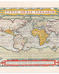 <b>Swann, Dec. 9:</b> Lot 223: Abraham Ortelius, <i>Typus Orbis Terrarum,</i> hand-colored double-page engraved world map, Antwerp, 1575.