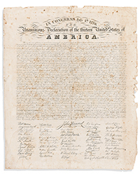 <b>Swann, Nov. 20:</b> Lot 130<br>Eleazar Huntington, engraver. Early broadside engraving of the Declaration of Independence, circa 1820-24.