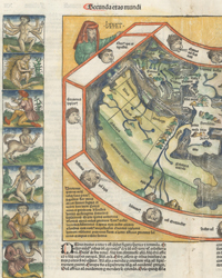 <b>Old World Auctions (Nov 12):</b><br>Lot 37. Schedel's Ancient World Map with Fantastic Humanoid Creatures (1493) Est. $16,000 - $18,000