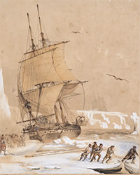 <b>Forum, Oct. 30:</b> Mayer (Attributed to Auguste Etienne Francois). Astrolable, the French ship under the command of Jules Dumont d'Urville (1790-1842), caught in pack ice in Antarctica, watercolour, [c. 1838]. £1,500 to £2,000.