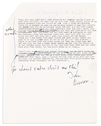 <b>Swann, Nov. 6:</b> Lot 20: John Lennon, Typescript Signed, interview discussing Paul, Linda, and Yoko, 1971.