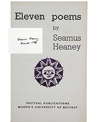 <b>Fonsie Mealy’s, Oct. 1-2:</b> The Authors First Publication. Heaney (Seamus). <i>Eleven Poems.</i> €1,000 to €1,500.