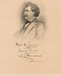 <b>Swann, Nov. 6:</b> Lot 215: Mark Twain, engraved portrait Signed, "Mark Twain / SL. Clemens," 1890s.