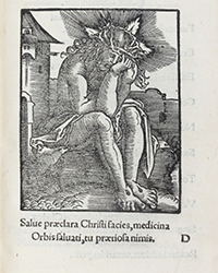 <b>Sotheby’s, Nov. 6-20:</b> Chelidonius, Benedictus. <i>Passio Jesu Chriti.</i> [1526?]. Maroquin bleu de Niédrée. 37 bois inspirés par Dürer. €3,000 to €5,000.