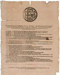Dominic Winter, Oct. 8: Broadside. The Articles signed by his Highness Oliver Cromwel … 16 December 1653. £4,000-4,000.