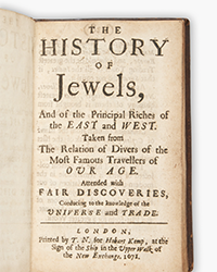 <b>Sotheby’s, Dec. 12:</b> Chappuzeau, Samuel. <i>The history of jewels,</i> first edition in English. London: T.N. for Hobart Kemp, 1671. $12,000 to $18,000.