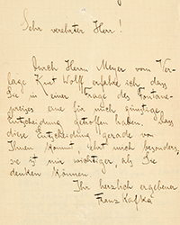 <b>Koller, Mar. 25:</b> KAFKA, FRANZ, SCHRIFTSTELLER. Eigenh. Brief mit Unter...