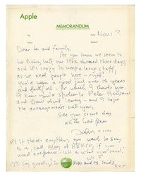 <b>Sotheby’s:</b> John Lennon, Yoko Ono. Handwritten Letter from John Lennon and Yoko Ono to their Chauffer. 1971. 32,500 USD.