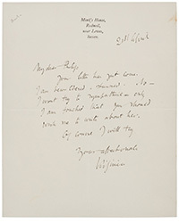 Dominic Winter, Oct. 8: Woolf (Virginia). Autograph Letter Signed, 21 April [1938]. £800-1,200.