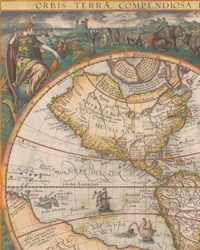 Old World Auctions (Sept 10):Lot 6. Vrients' Rare World Map for Linschoten's "Itinerario" in Contemporary Color (1596) Est. $16,000 - $19,000