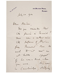 Dominic Winter, Oct. 8: Brooke (Rupert). Autograph Letter Signed, Rugby, 20 July 1914. £2,000-3,000.