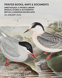 <b><center>Dominic Winter<br>Books, Maps, Documents & Autographs<br>Ornithology, Music, Bookplates<br>28th January 2026</center></b>