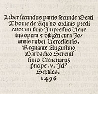 <b>Dominic Winter, Nov. 5:</b> Aquinas (Thomas). <i>[Summa Theologica], Secunda Parte,</i> Venice, 1496. £700 to £1,000.