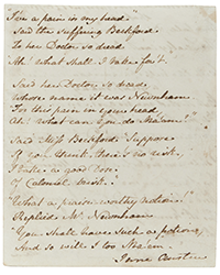 Sotheby’s, Oct. 1-15: Austen, Jane. “Lines on Maria Beckford,” autograph manuscript signed ("Jane Austen"). $100,000 to $150,000.
