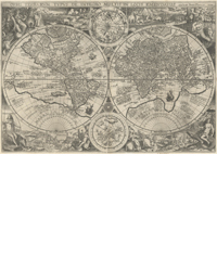<b>Old World Auctions (Feb 11):</b><br>Lot 5. The First World Map with Lavish Allegorical Vignettes of the Continents (1594) Est. $15,000 - $17,000