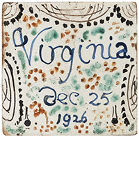 Sotheby’s, Oct. 1-15: Vanessa Bell — [Virginia Woolf]. An exceptional encapsulation of the Bloomsbury Group. A striking tile created by Vanesa Bell for her sister, Virginia Woolf, ca. Christmas 1926. $25,000 to $35,000.