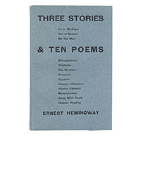 <b>Freeman’s, Nov. 13:</b> HEMINGWAY, Ernest. <i>Three Stories and Ten Poems.</i> First edition, inscribed to his cousin, Ruth White Lowry. $60,000-80,000