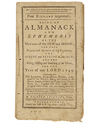 <b>Bonhams, Oct. 13-23:</b> Poor Richard's Almanack 1749, Benjamin Franklin. $15,000-$20,000