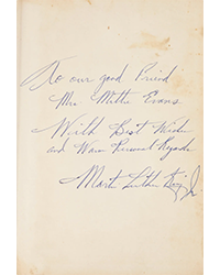 <b>Bonhams, Nov. 3-13:</b> Inscribed by Martin Luther King Jr. King, Martin Luther, Jr. $3,000-$5,000 