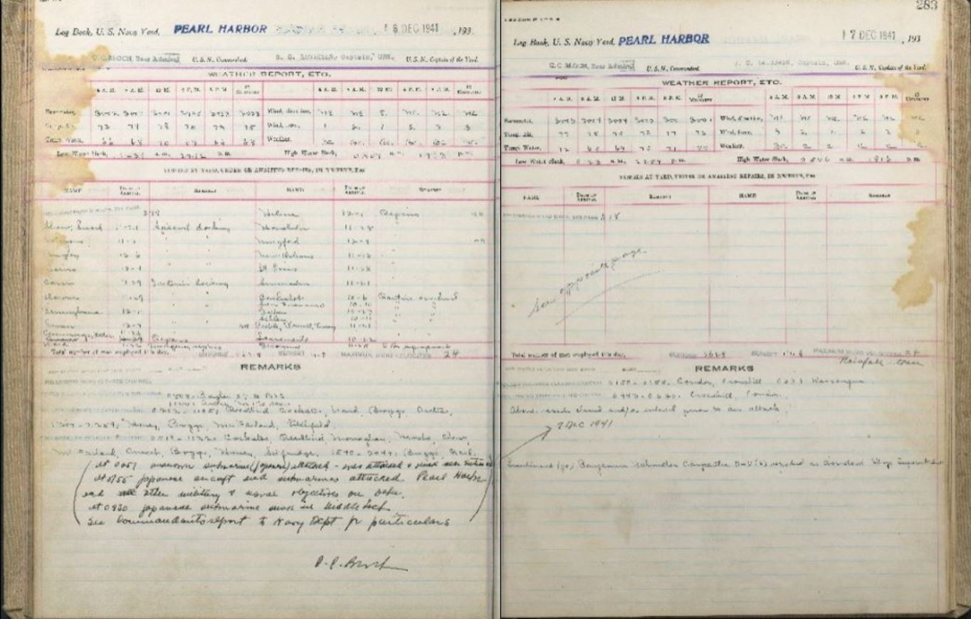 Pearl Harbor Log Book from December 7, 1941, Obtained By National Archives and Now Available Online