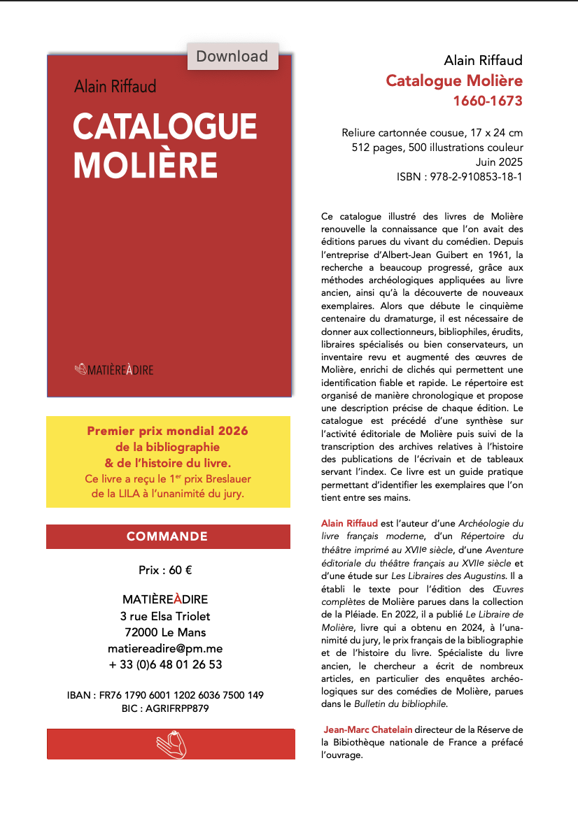 Alain Riffaud Awarded 19th ILAB Breslauer Prize for Landmark Molière Catalogue. Congratulations!