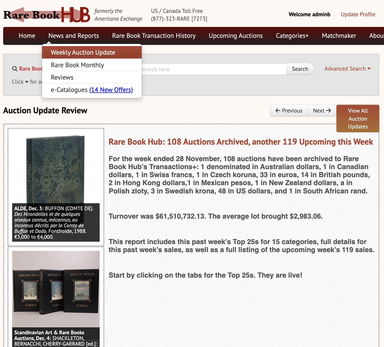 Today's Weekly Auction Update, has piggy-backed with today's Rare Book Monthly