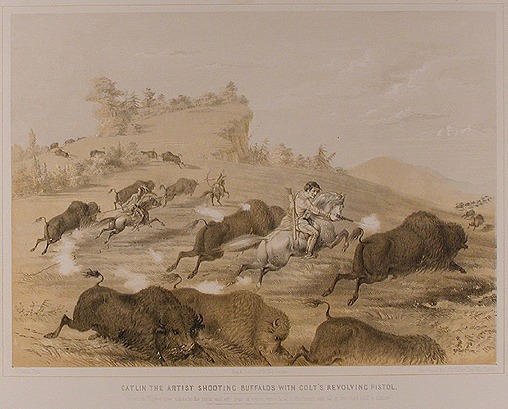 Famed artist George Catlin shoots buffalo with his trusty Colt.
